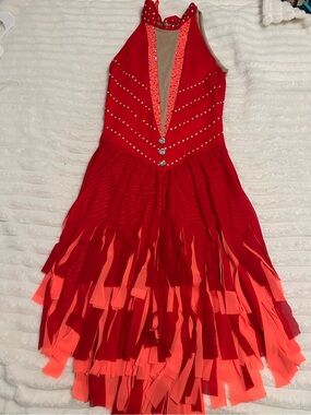 Adult Medium Red Halter Fringe figure skating/Dance costume Dress with Sparkle